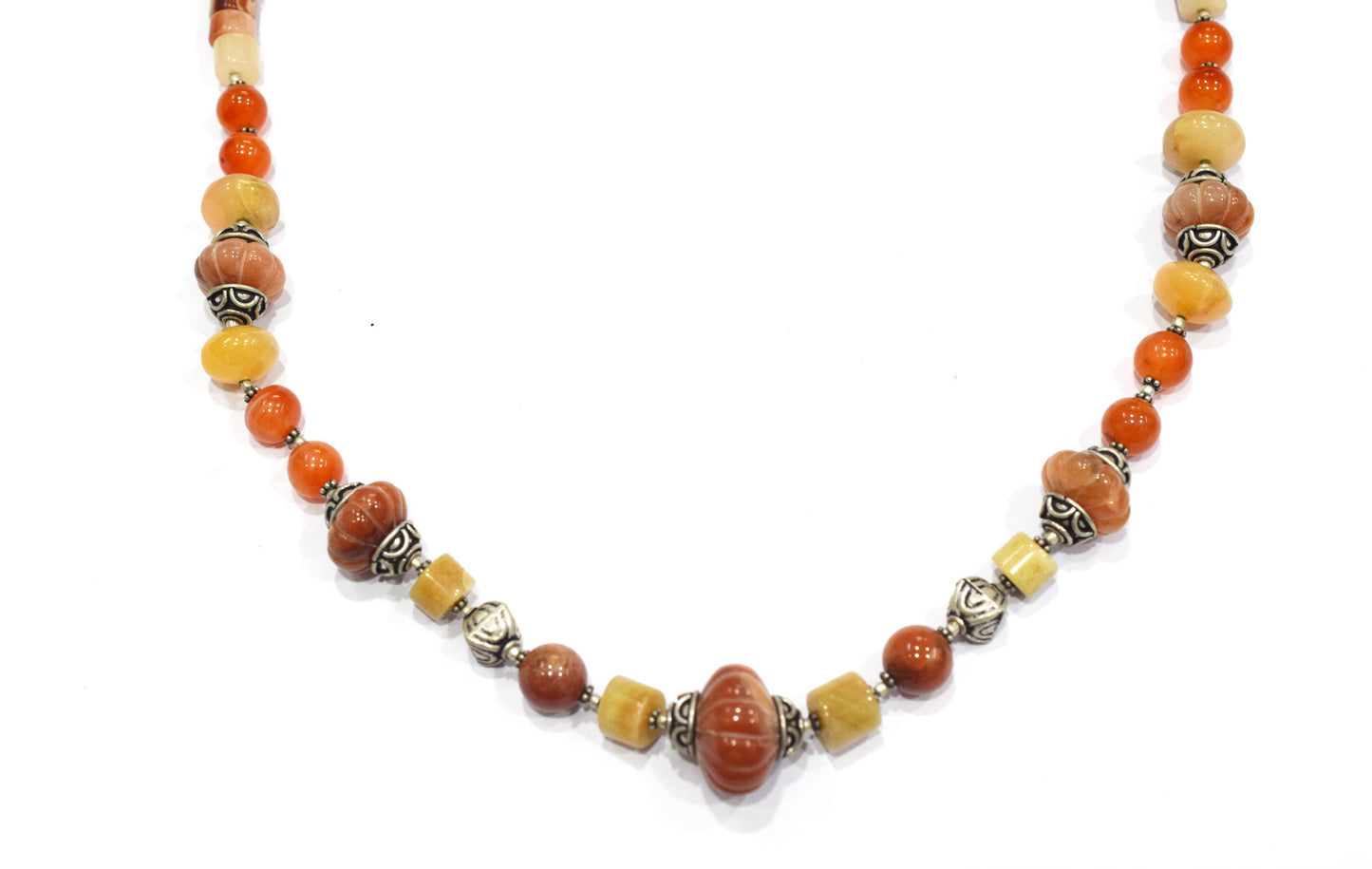 Natural Carnelian and Agate Beaded Necklace – Handcrafted Gemstone Strand with Carved Pumpkin Focal Beads,32937