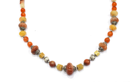 Natural Carnelian and Agate Beaded Necklace – Handcrafted Gemstone Strand with Carved Pumpkin Focal Beads,32937