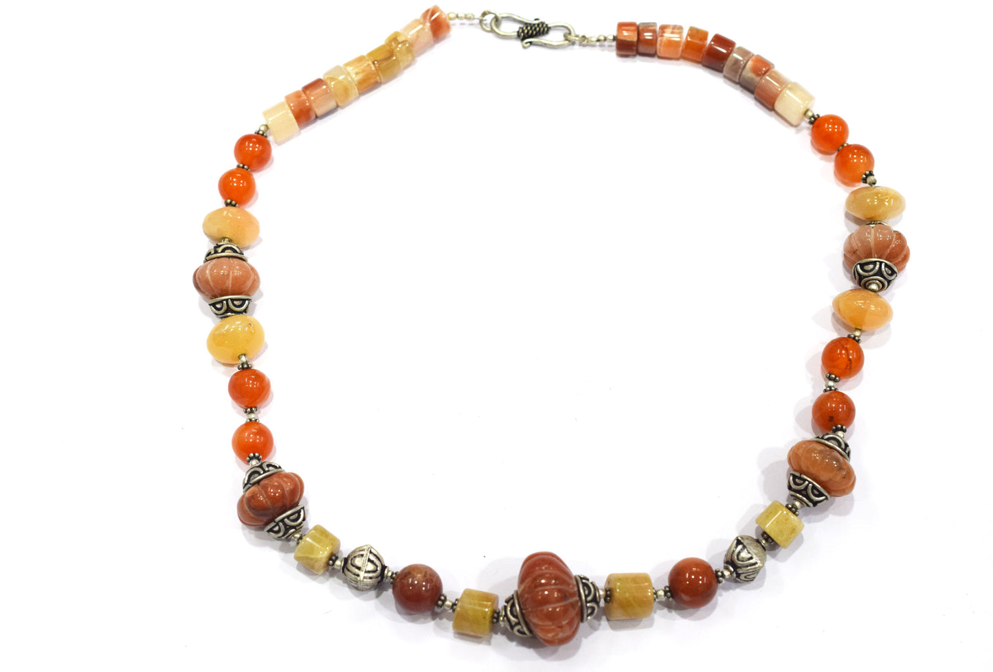 Natural Carnelian and Agate Beaded Necklace – Handcrafted Gemstone Strand with Carved Pumpkin Focal Beads,32937