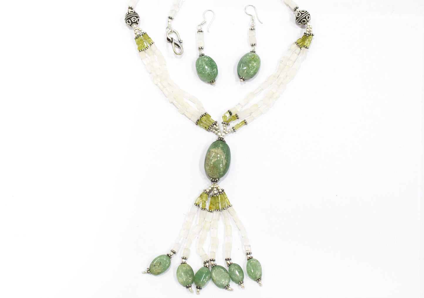 Natural Moonstone, Green Aventurine & Peridot Multi-Strand Tassel Pendant Necklace and Earrings Set,32938