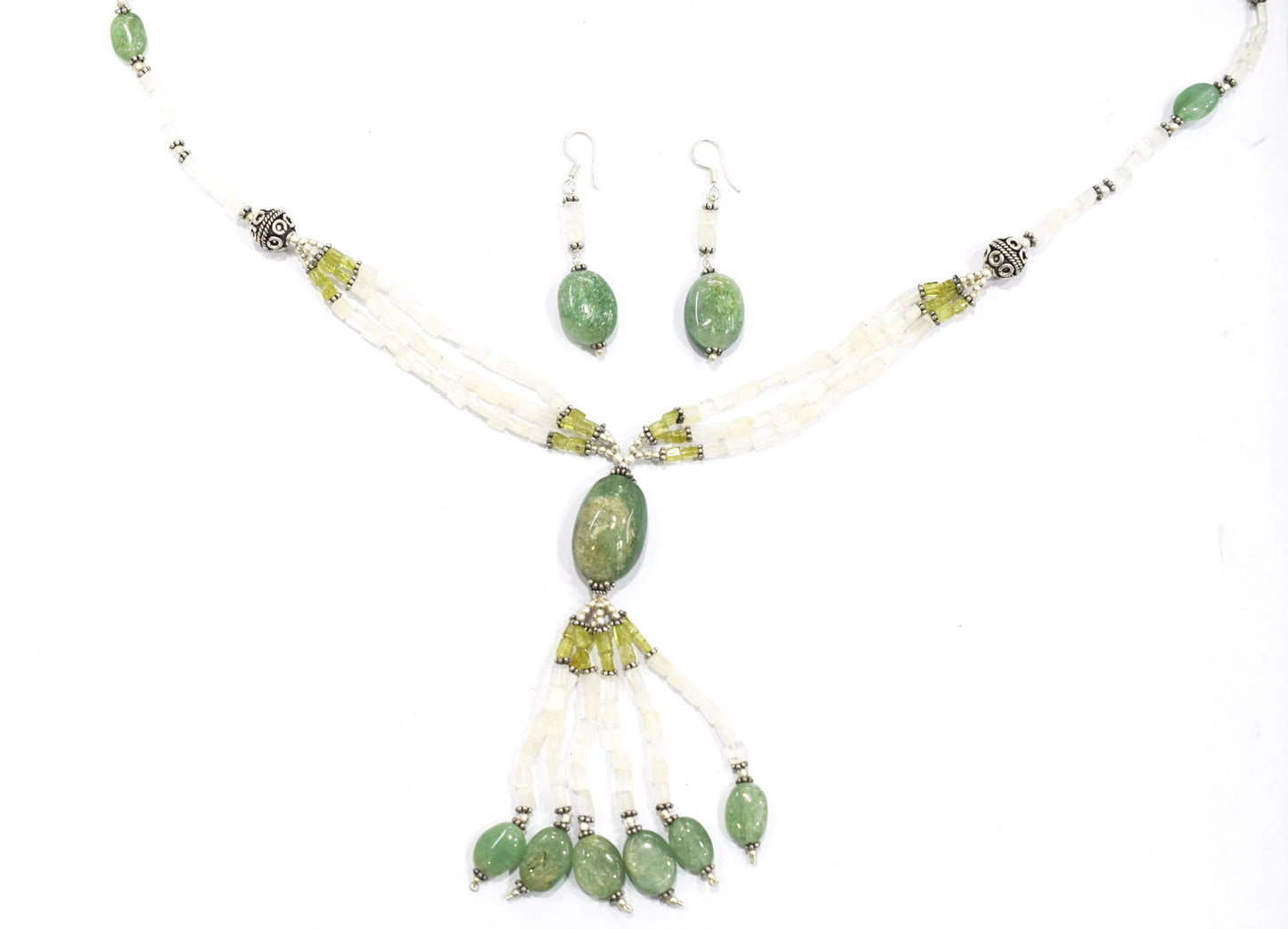 Natural Moonstone, Green Aventurine & Peridot Multi-Strand Tassel Pendant Necklace and Earrings Set,32938