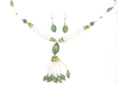 Natural Moonstone, Green Aventurine & Peridot Multi-Strand Tassel Pendant Necklace and Earrings Set,32938