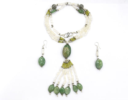 Natural Moonstone, Green Aventurine & Peridot Multi-Strand Tassel Pendant Necklace and Earrings Set,32938