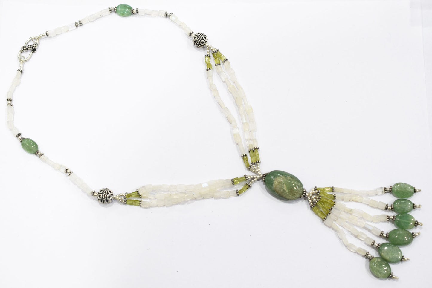 Natural Moonstone, Green Aventurine & Peridot Multi-Strand Tassel Pendant Necklace and Earrings Set,32938