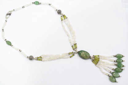 Natural Moonstone, Green Aventurine & Peridot Multi-Strand Tassel Pendant Necklace and Earrings Set,32938