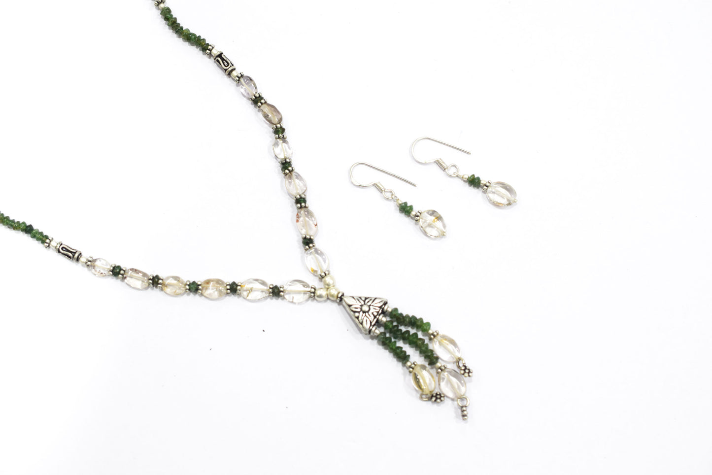Natural Green Aventurine & Clear Quartz Crystal Tassel Pendant Necklace and Earrings Set,32939