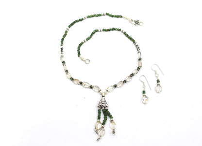 Natural Green Aventurine & Clear Quartz Crystal Tassel Pendant Necklace and Earrings Set,32939
