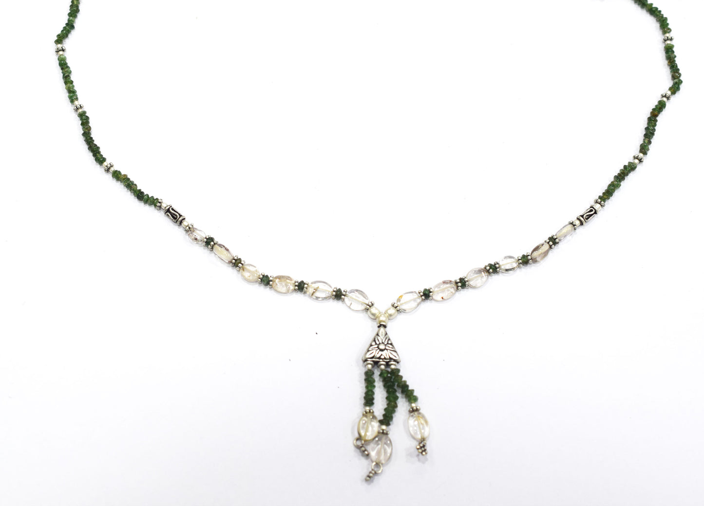 Natural Green Aventurine & Clear Quartz Crystal Tassel Pendant Necklace and Earrings Set,32939