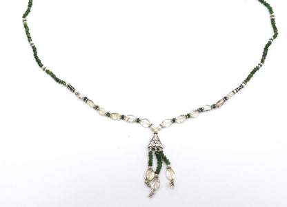 Natural Green Aventurine & Clear Quartz Crystal Tassel Pendant Necklace and Earrings Set,32939