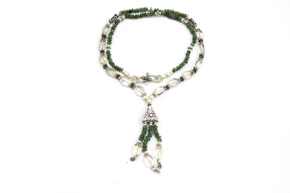 Natural Green Aventurine & Clear Quartz Crystal Tassel Pendant Necklace and Earrings Set,32939