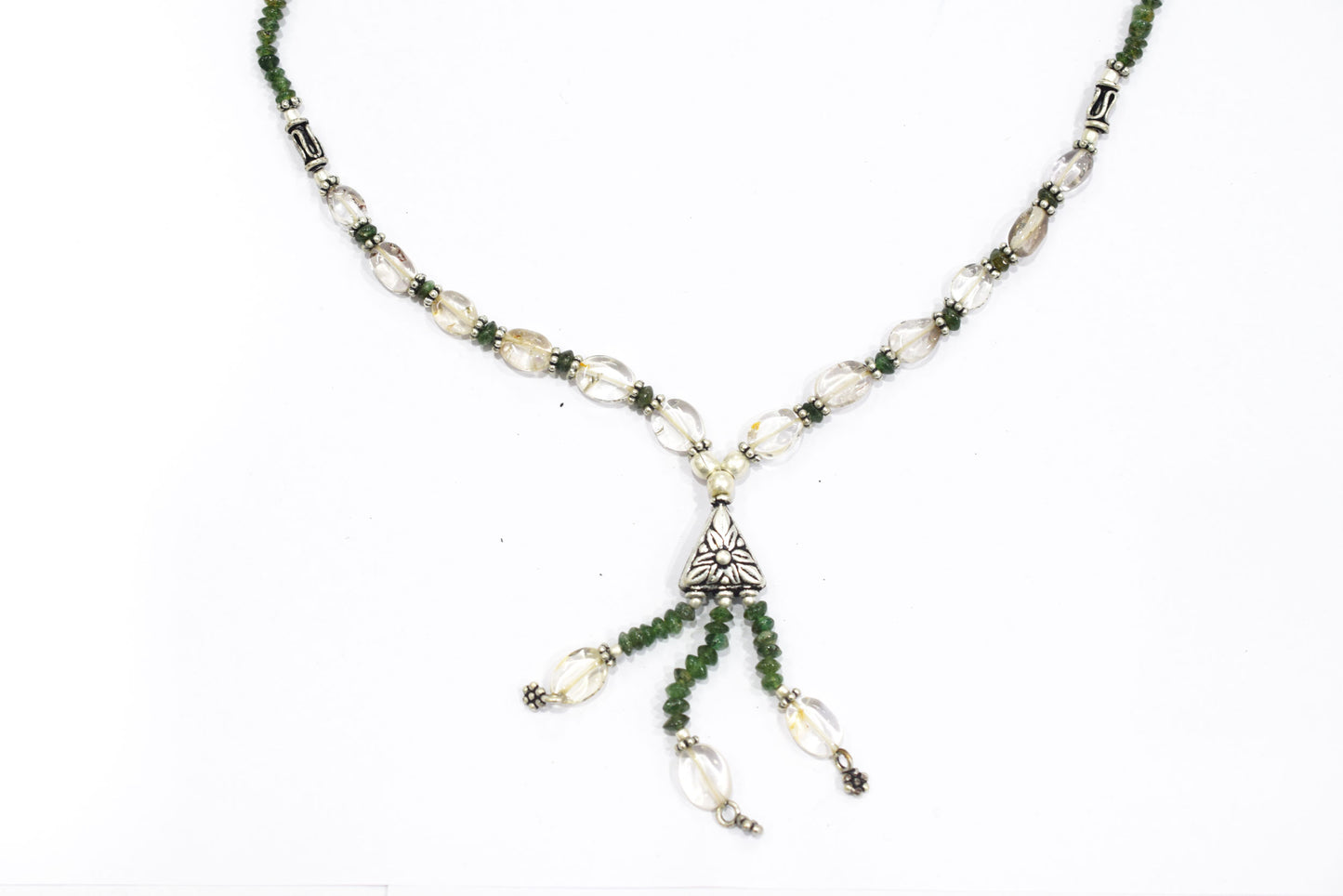Natural Green Aventurine & Clear Quartz Crystal Tassel Pendant Necklace and Earrings Set,32939