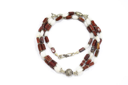 Natural Red Agate & White Agate 2-Strand Cascading Gemstone Necklace and Earrings Set,32940