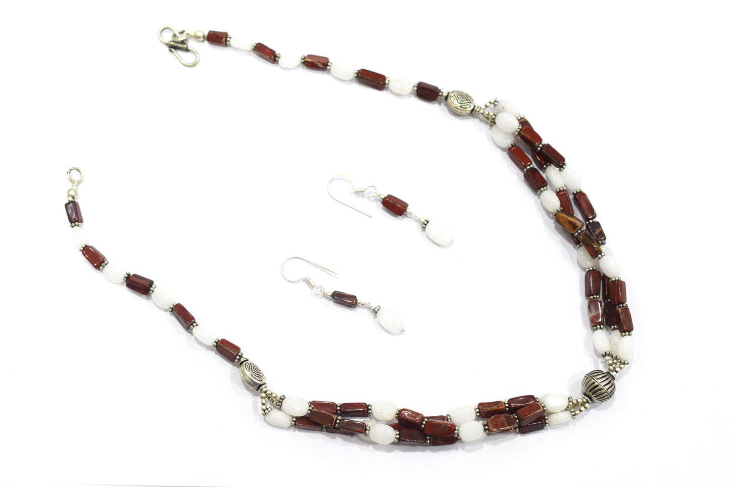 Natural Red Agate & White Agate 2-Strand Cascading Gemstone Necklace and Earrings Set,32940