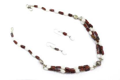Natural Red Agate & White Agate 2-Strand Cascading Gemstone Necklace and Earrings Set,32940