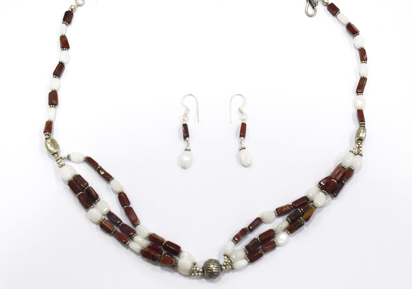 Natural Red Agate & White Agate 2-Strand Cascading Gemstone Necklace and Earrings Set,32940
