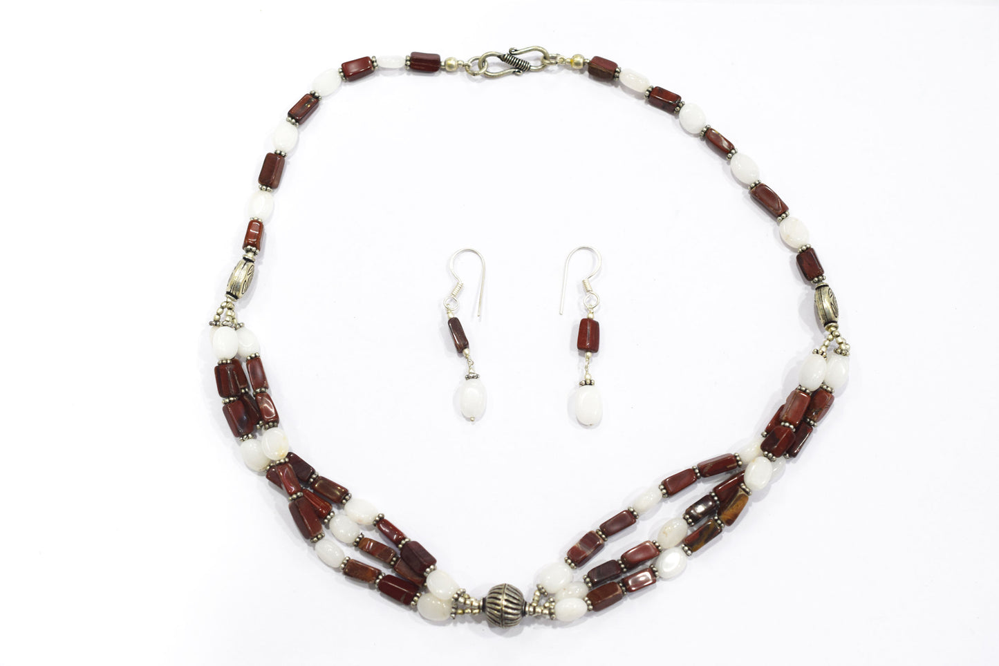 Natural Red Agate & White Agate 2-Strand Cascading Gemstone Necklace and Earrings Set,32940