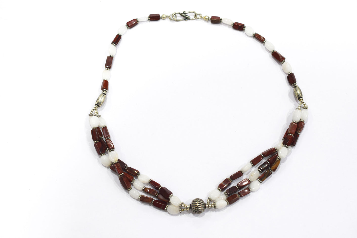 Natural Red Agate & White Agate 2-Strand Cascading Gemstone Necklace and Earrings Set,32940