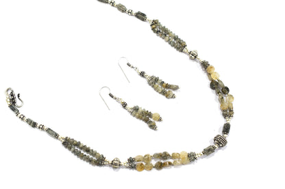 Natural Golden Rutilated Quartz Multi-Strand Gemstone Statement Necklace and Earrings Set,32941