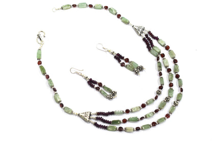 Natural Green Aventurine & Red Garnet 3-Strand Cascading Gemstone Necklace and Earrings Set,32942