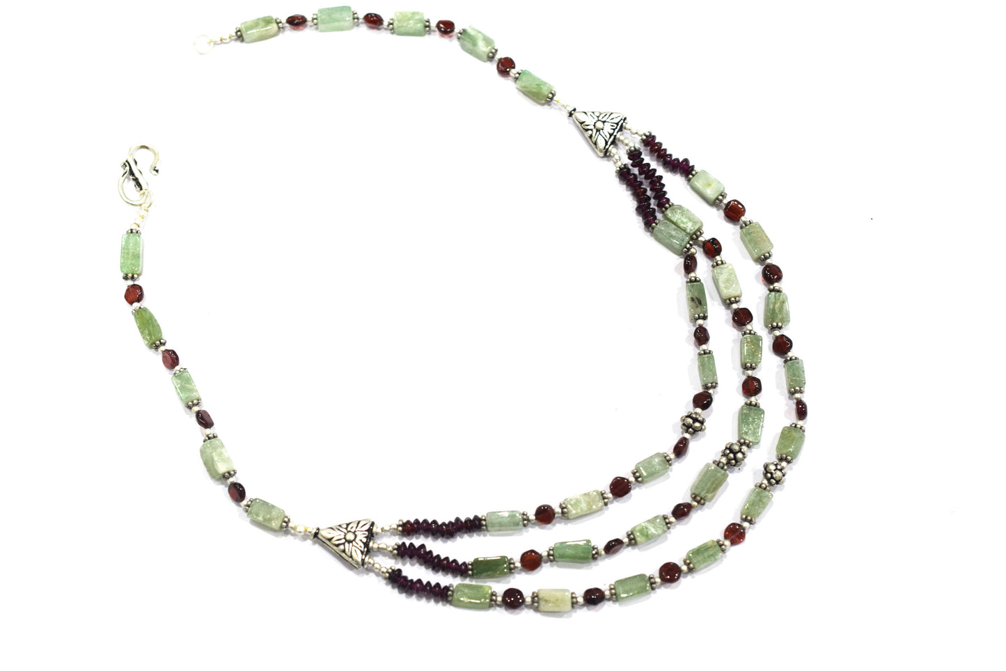 Natural Green Aventurine & Red Garnet 3-Strand Cascading Gemstone Necklace and Earrings Set,32942