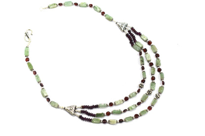 Natural Green Aventurine & Red Garnet 3-Strand Cascading Gemstone Necklace and Earrings Set,32942