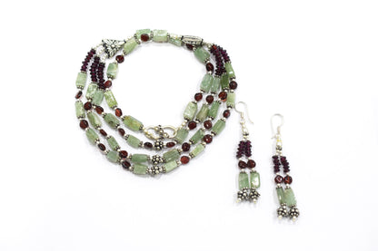 Natural Green Aventurine & Red Garnet 3-Strand Cascading Gemstone Necklace and Earrings Set,32942