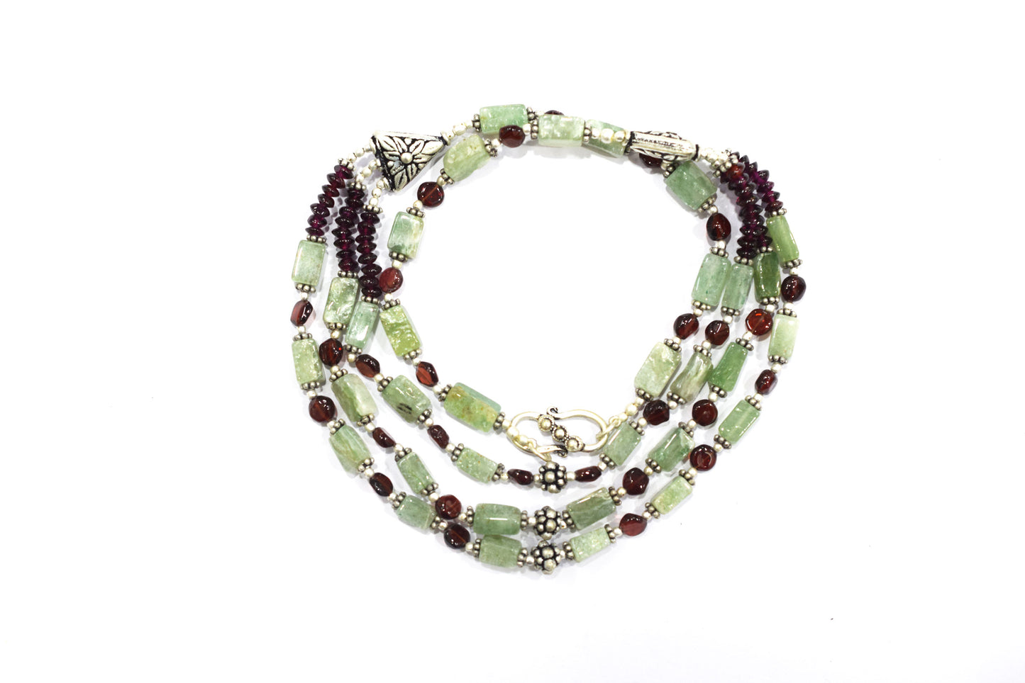 Natural Green Aventurine & Red Garnet 3-Strand Cascading Gemstone Necklace and Earrings Set,32942