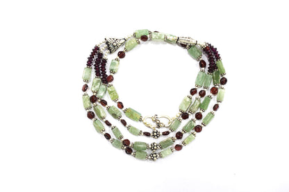 Natural Green Aventurine & Red Garnet 3-Strand Cascading Gemstone Necklace and Earrings Set,32942