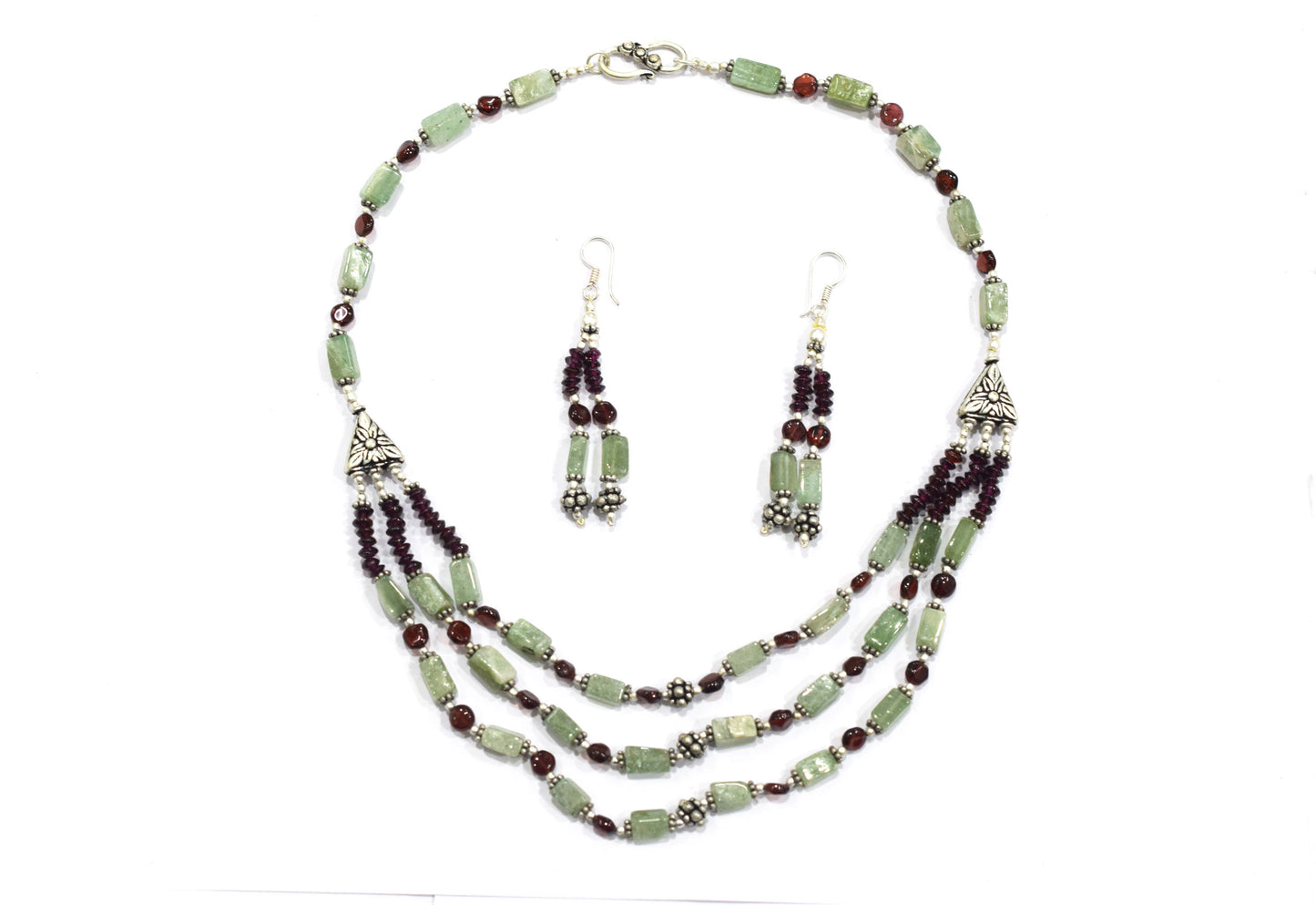 Natural Green Aventurine & Red Garnet 3-Strand Cascading Gemstone Necklace and Earrings Set,32942