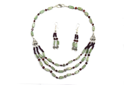 Natural Green Aventurine & Red Garnet 3-Strand Cascading Gemstone Necklace and Earrings Set,32942