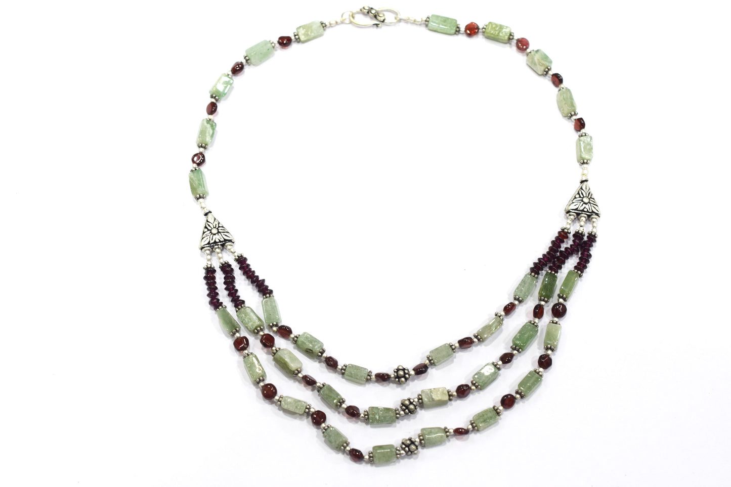 Natural Green Aventurine & Red Garnet 3-Strand Cascading Gemstone Necklace and Earrings Set,32942