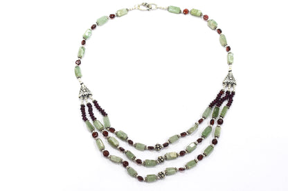 Natural Green Aventurine & Red Garnet 3-Strand Cascading Gemstone Necklace and Earrings Set,32942