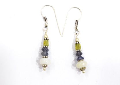 Natural Iolite, Carnelian, Peridot & White Agate 3-Strand Multi-Gemstone Necklace and Earrings Set,32943