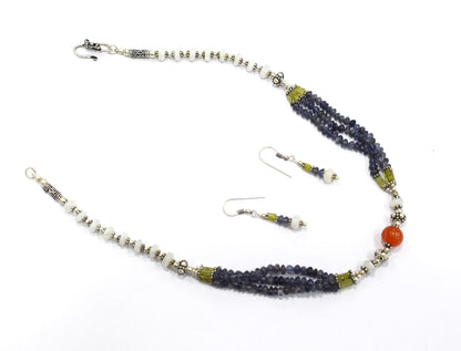 Natural Iolite, Carnelian, Peridot & White Agate 3-Strand Multi-Gemstone Necklace and Earrings Set,32943
