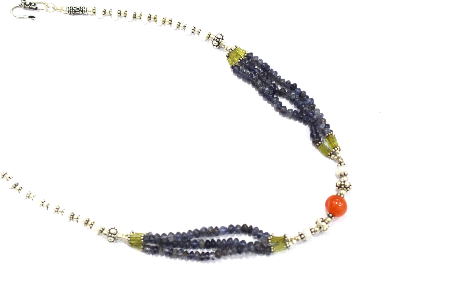 Natural Iolite, Carnelian, Peridot & White Agate 3-Strand Multi-Gemstone Necklace and Earrings Set,32943