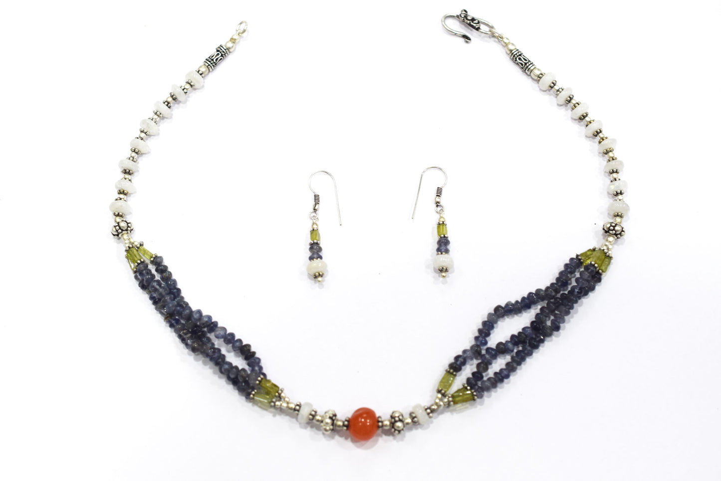 Natural Iolite, Carnelian, Peridot & White Agate 3-Strand Multi-Gemstone Necklace and Earrings Set,32943
