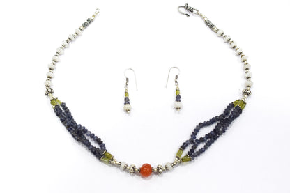 Natural Iolite, Carnelian, Peridot & White Agate 3-Strand Multi-Gemstone Necklace and Earrings Set,32943