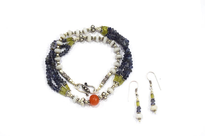 Natural Iolite, Carnelian, Peridot & White Agate 3-Strand Multi-Gemstone Necklace and Earrings Set,32943