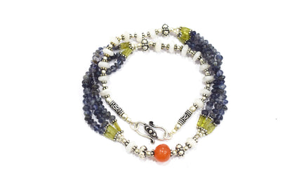 Natural Iolite, Carnelian, Peridot & White Agate 3-Strand Multi-Gemstone Necklace and Earrings Set,32943
