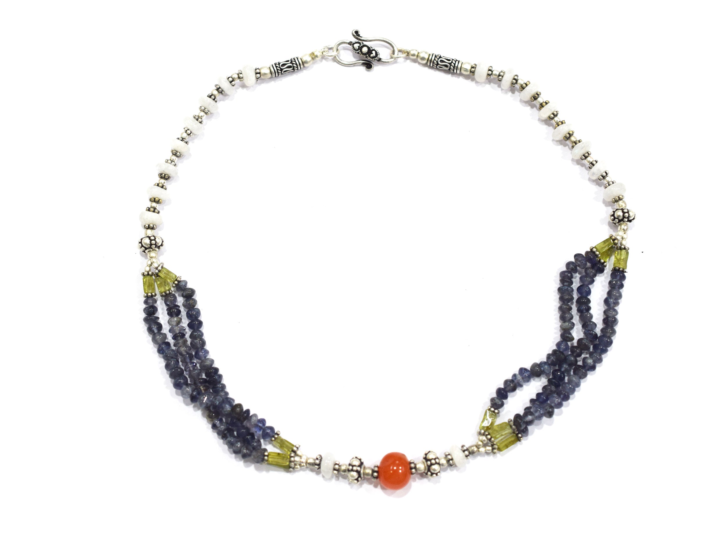 Natural Iolite, Carnelian, Peridot & White Agate 3-Strand Multi-Gemstone Necklace and Earrings Set,32943