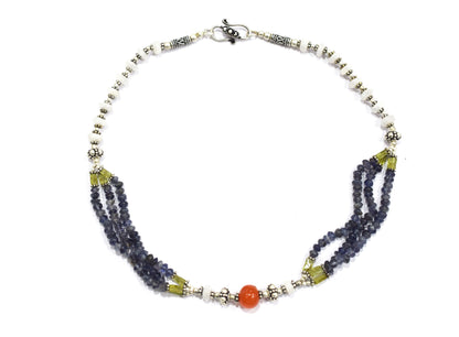 Natural Iolite, Carnelian, Peridot & White Agate 3-Strand Multi-Gemstone Necklace and Earrings Set,32943