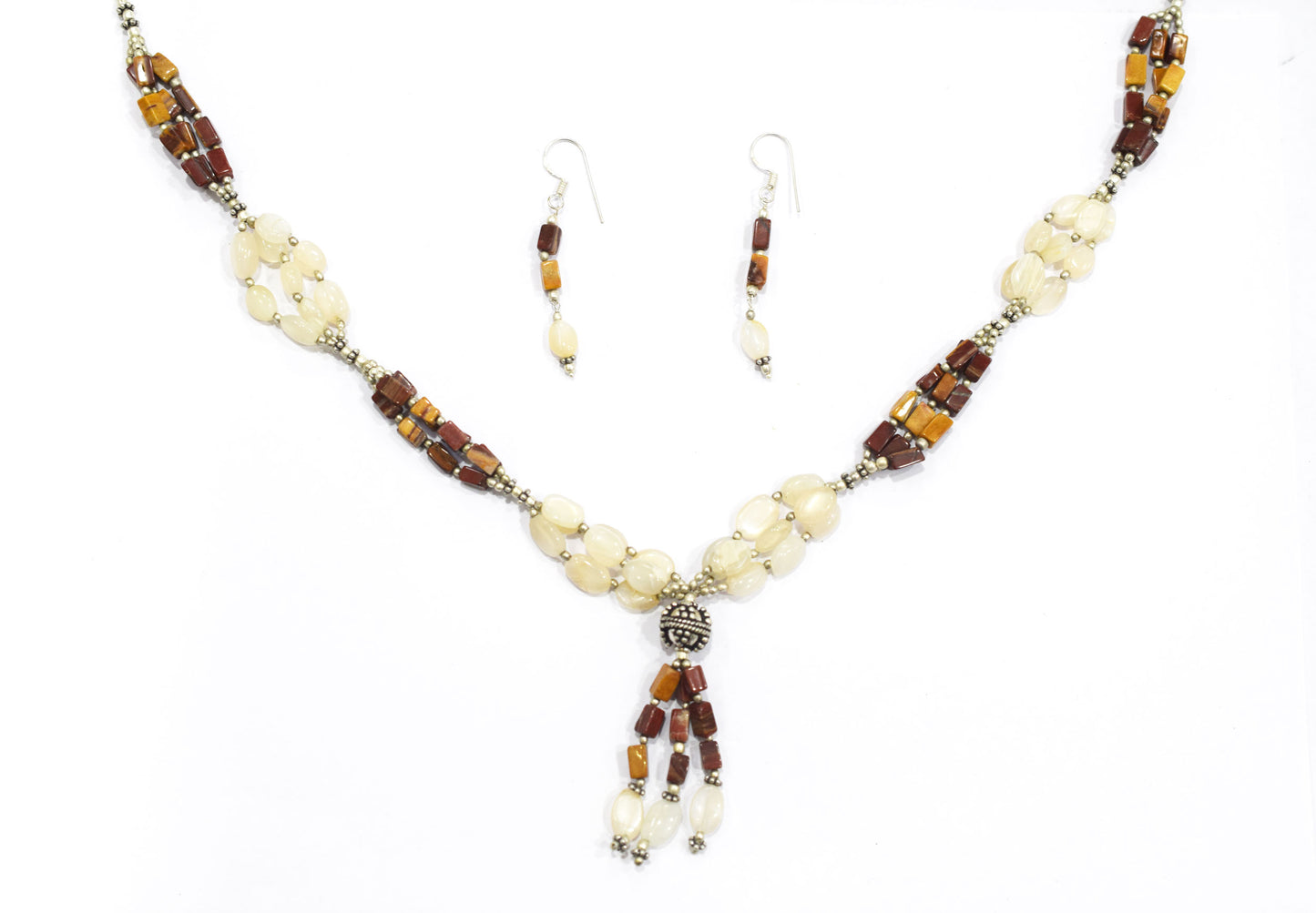 Natural Red Jasper & Rainbow Moonstone Multi-Strand Tassel Necklace and Earrings Set,32944