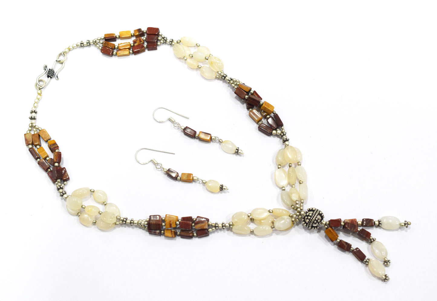Natural Red Jasper & Rainbow Moonstone Multi-Strand Tassel Necklace and Earrings Set,32944
