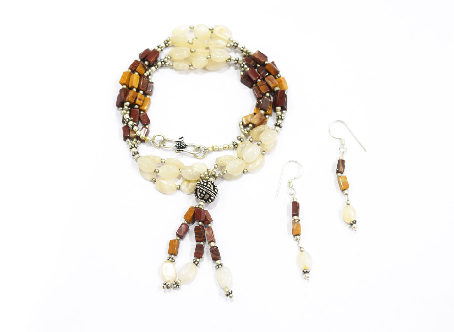 Natural Red Jasper & Rainbow Moonstone Multi-Strand Tassel Necklace and Earrings Set,32944