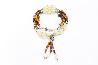 Natural Red Jasper & Rainbow Moonstone Multi-Strand Tassel Necklace and Earrings Set,32944