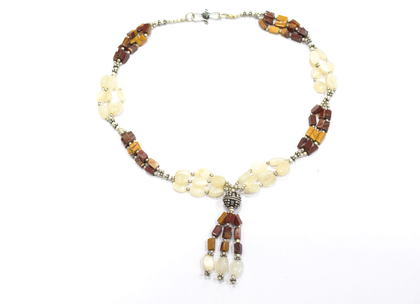 Natural Red Jasper & Rainbow Moonstone Multi-Strand Tassel Necklace and Earrings Set,32944