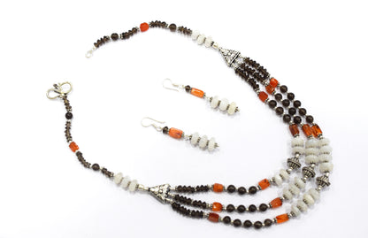 Natural Carnelian, Smoky Quartz & White Agate 3-Strand Cascading Gemstone Necklace and Earrings Set,32945