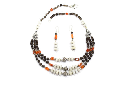 Natural Carnelian, Smoky Quartz & White Agate 3-Strand Cascading Gemstone Necklace and Earrings Set,32945
