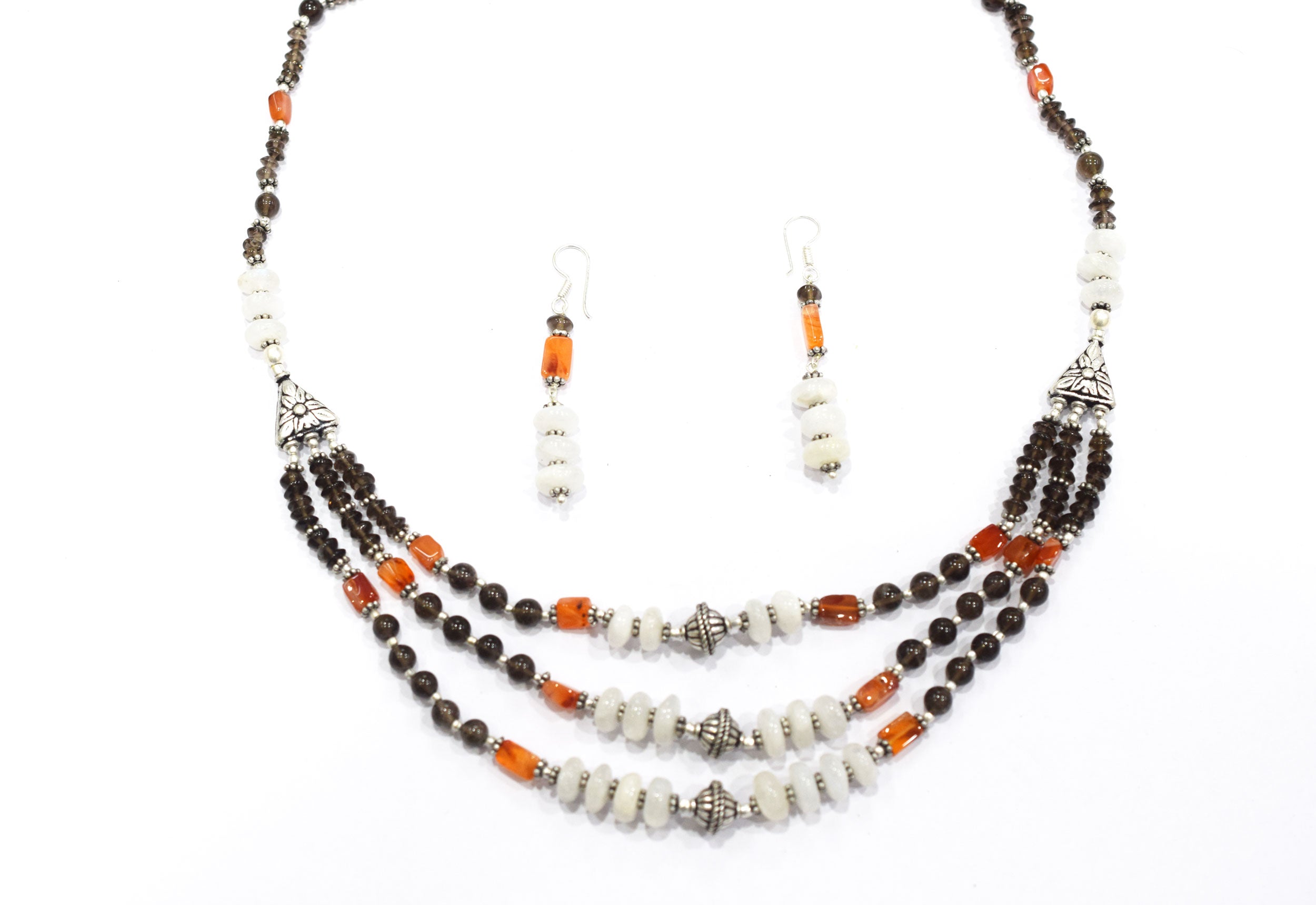 Natural Carnelian, Smoky Quartz & White Agate 3-Strand Cascading Gemstone Necklace and Earrings Set,32945