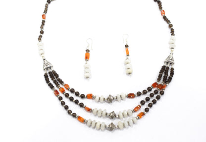 Natural Carnelian, Smoky Quartz & White Agate 3-Strand Cascading Gemstone Necklace and Earrings Set,32945